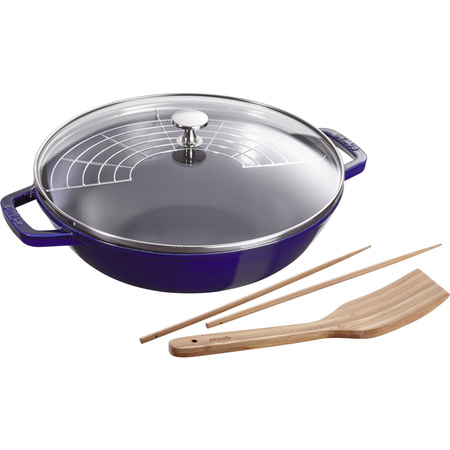 Litinová poklice na pánev wok STAUB 30 cm modrá